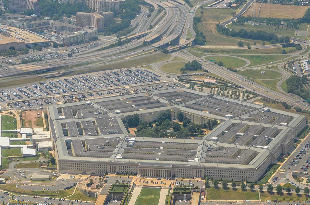 Aerial view of the Pentagon building and surrounding area.