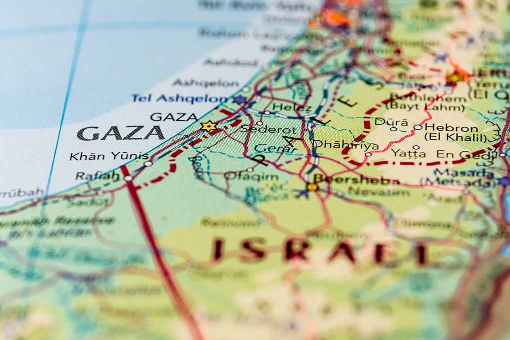 Close-up of Gaza and surrounding regions on map.