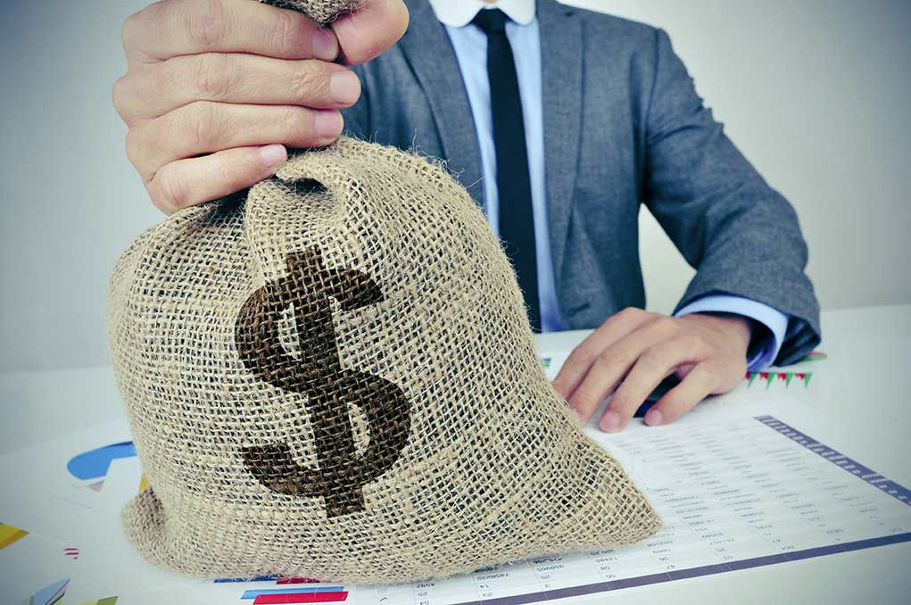 Person holding burlap bag with dollar sign.