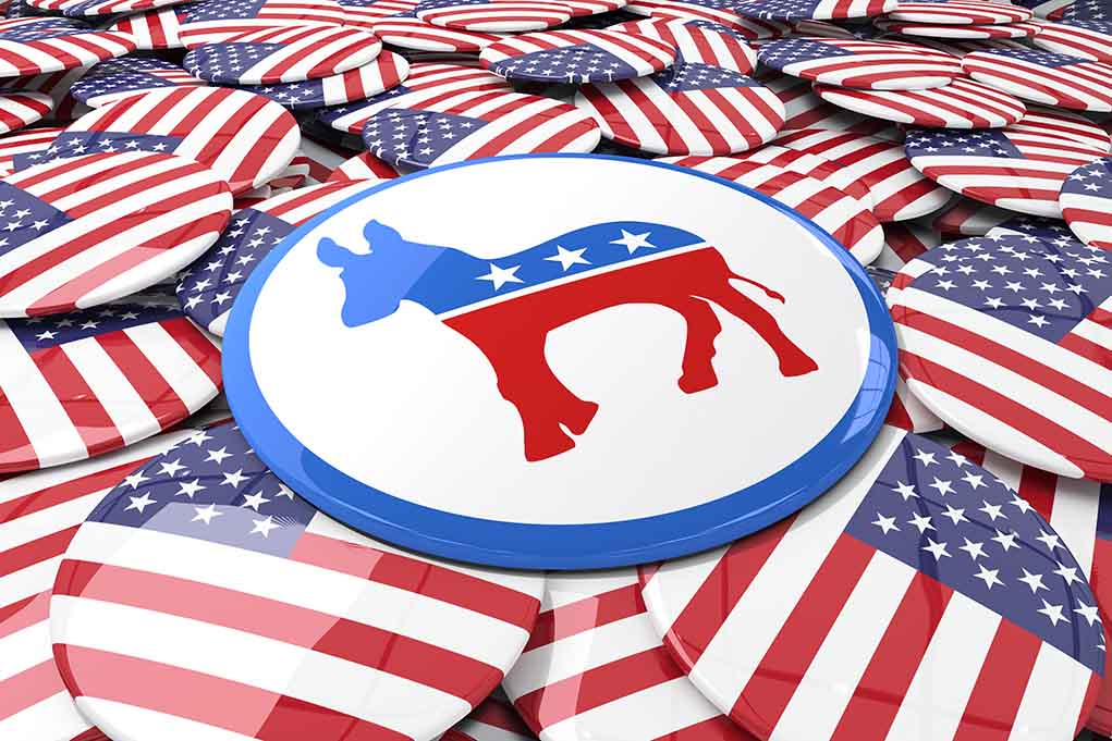 Democratic donkey symbol button among American flag buttons.