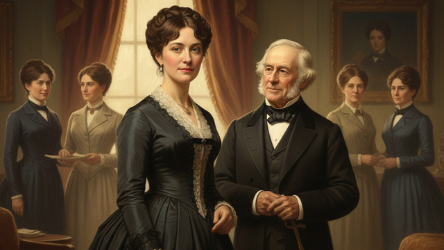 A historical portrait featuring a woman in a black dress and a man in formal attire, surrounded by women in the background