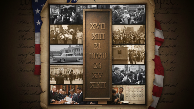 Collage of historical images related to U.S. constitutional amendments with a central plaque displaying amendment numbers