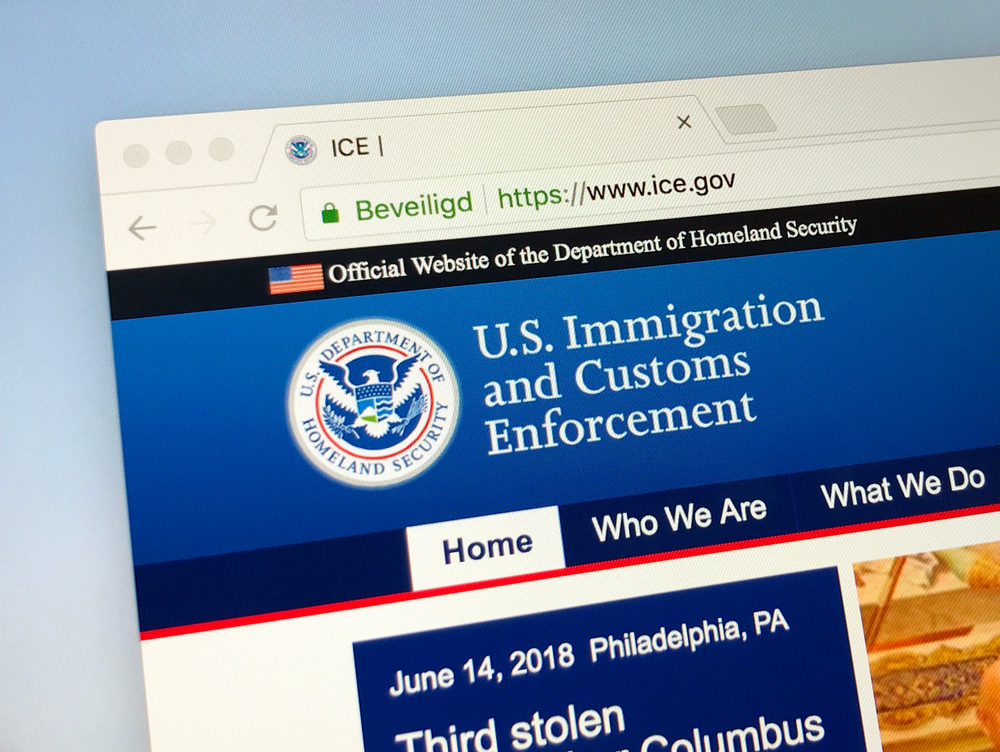 US Immigration and Customs Enforcement website homepage displayed