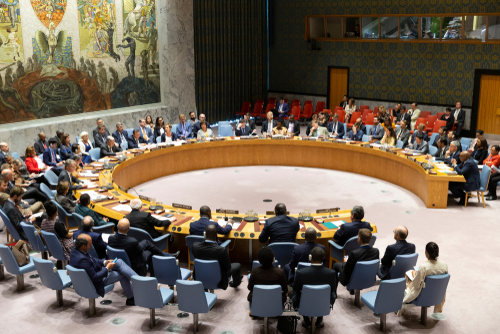 UN Security Council meeting in session, multiple representatives attending.