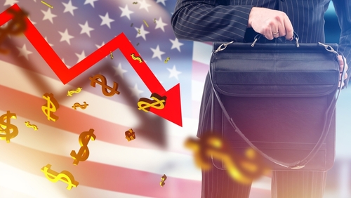 Red downward arrow over American flag and dollar signs.