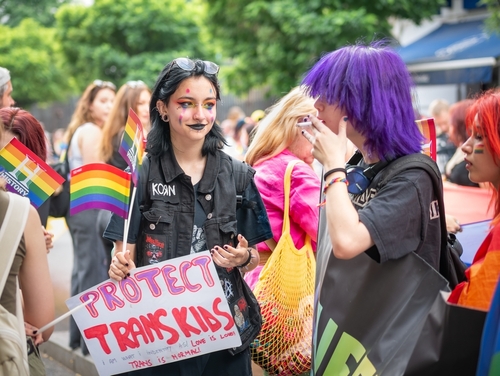 People at a pride event holding LGBTQ flags and signs.