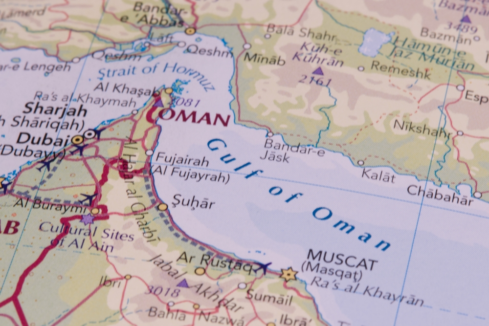 Map of the Gulf of Oman region with Oman, UAE, and Iran