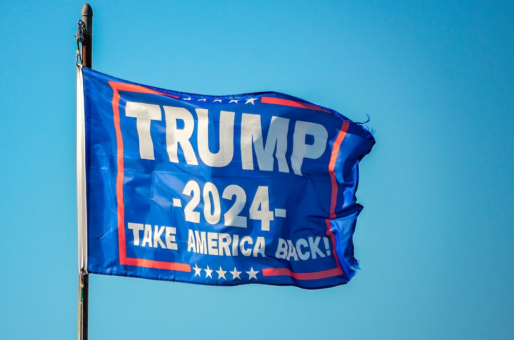 Blue Trump 2024 flag waving against sky