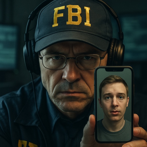 FBI agent holding a phone displaying a man's face