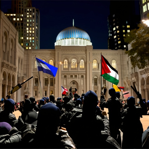 Crowd of individuals holding flags during a nighttime protest