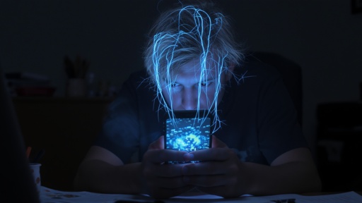 A young person intently looking at a smartphone with glowing effects around their head
