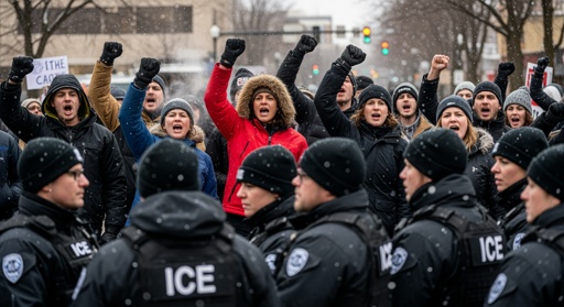 A crowd of protesters facing law enforcement officers during a demonstration
