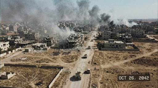Aerial view of a war-torn city with smoke rising from buildings