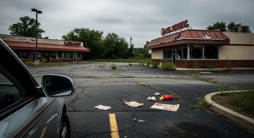 Abandoned fast food restaurant with litter in the parking lot
