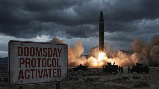 A missile launching with a sign indicating 'Doomsday Protocol Activated' in the foreground