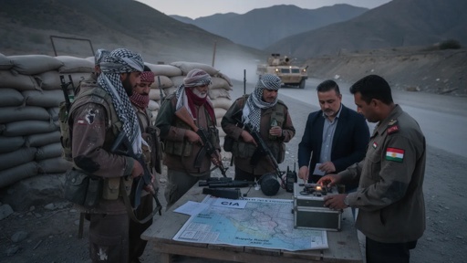 Military personnel and officials discussing a map at a checkpoint
