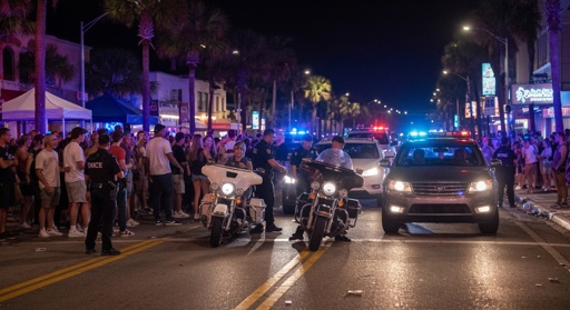 Police officers managing a crowd on a busy street at night