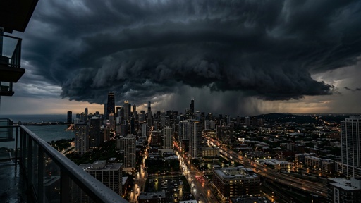 Dramatic storm clouds over a city skyline with rain in the distance