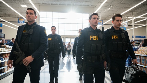 FBI agents in tactical gear walking through a supermarket