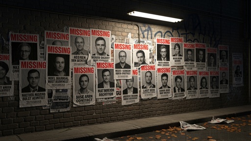 Wall covered with missing persons posters in an urban setting
