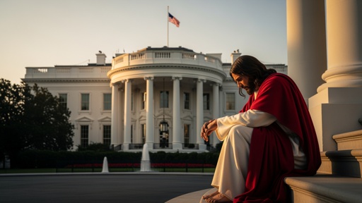 A religious figure seated in contemplation in front of the White House at sunset