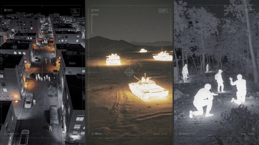 Thermal imaging view showing military vehicles and personnel in urban and outdoor settings