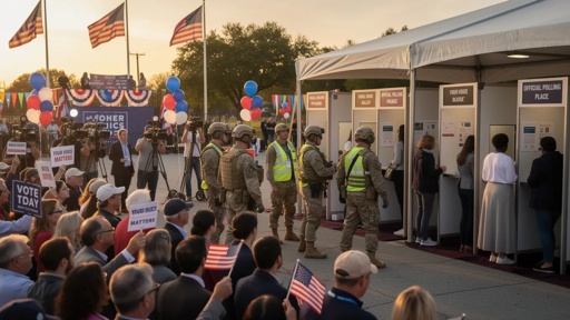 A crowd at a polling place with military personnel assisting voters