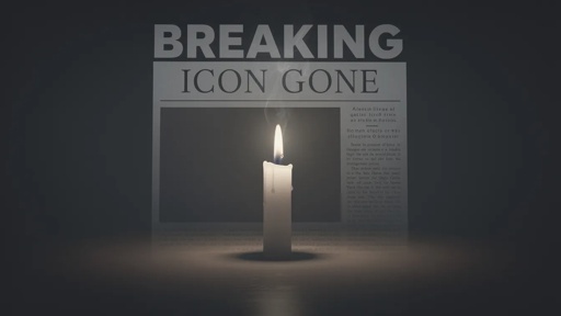 A lit candle in front of a newspaper with the headline 'BREAKING ICON GONE'