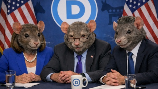 Three individuals with rat heads at a political conference