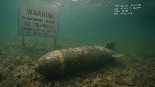 An underwater scene featuring a military bomb and a warning sign