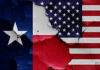 A weathered depiction of the Texas and American flags side by side