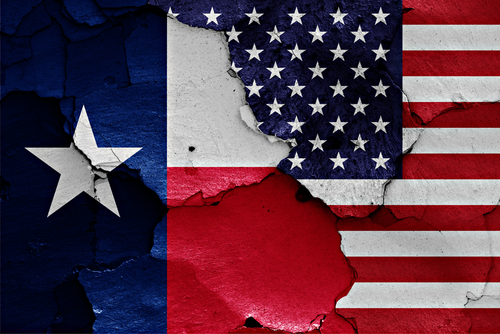 A weathered depiction of the Texas and American flags side by side