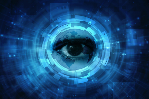 Eye and digital interface with blue futuristic elements.