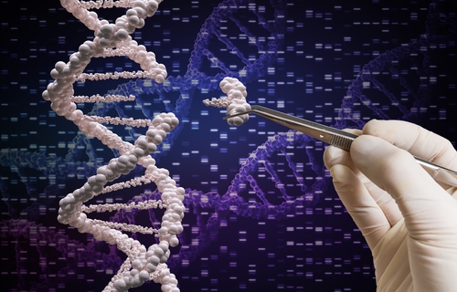 Gloved hand editing DNA strand with tweezers.